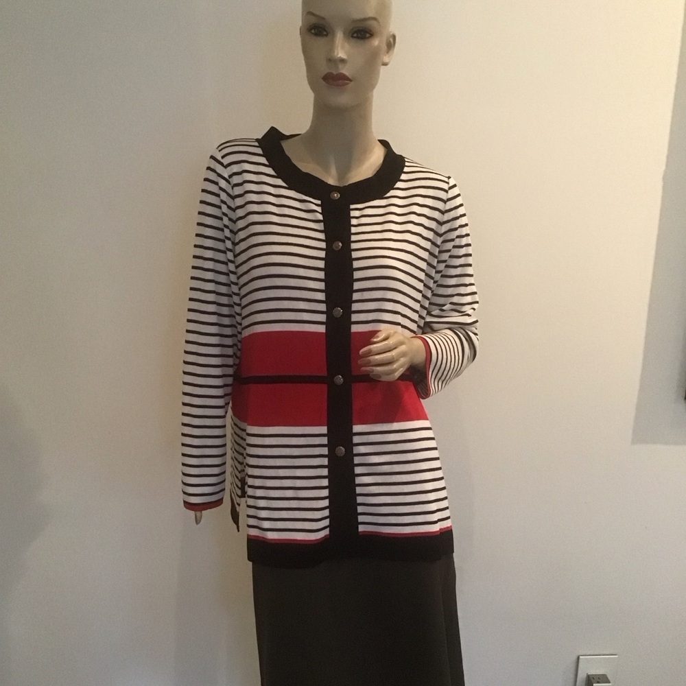 Misook Red Black White Stripe Knit Button Front Cardigan Sweater Jacket L Career